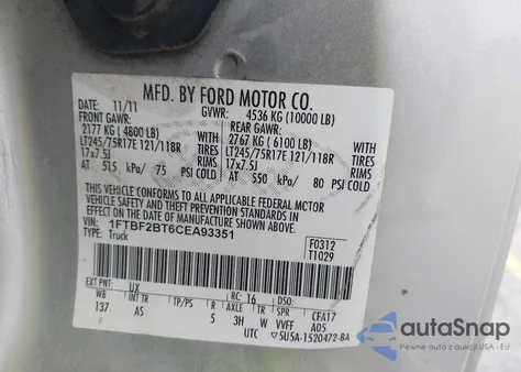 2012 Ford F-250 Xl из США, поврежденный, VIN 1FTBF2BT6CEA93351